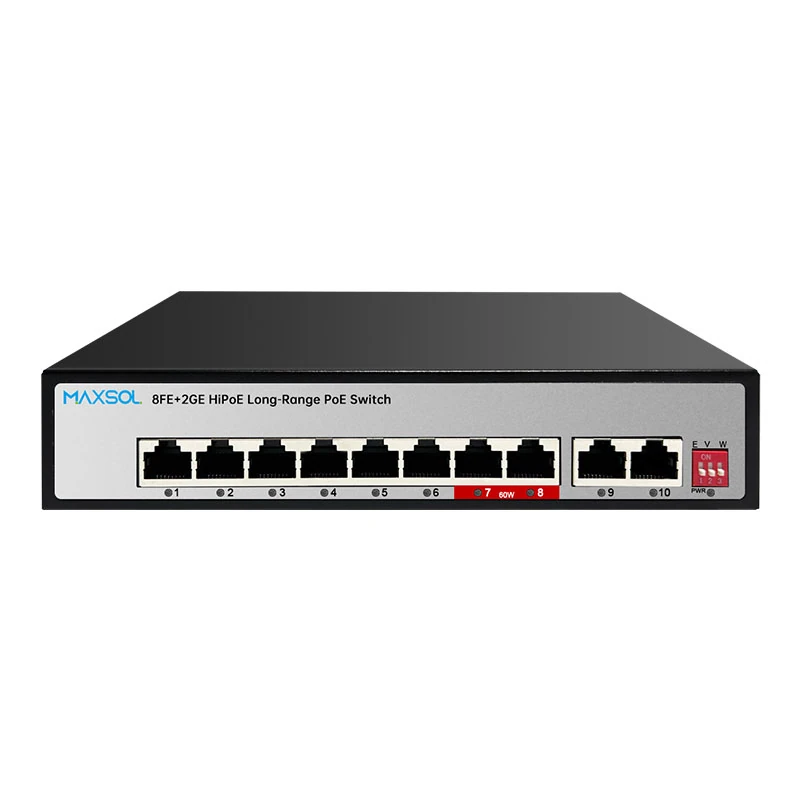 Conmutador Hi-PoE de 8 puertos, alcance de 300 m y enlace ascendente 2GE