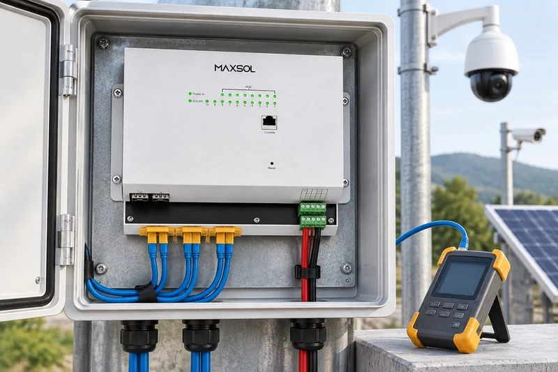 Switch PoE industrial solar IOT2802SFG-S con sus conectores frontales visibles