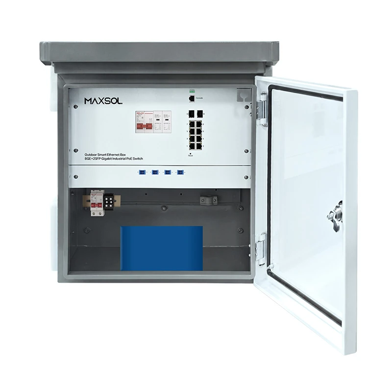 Caja industrial para exteriores con conmutador PoE 8GE+2GF gestionado y batería de 288Wh