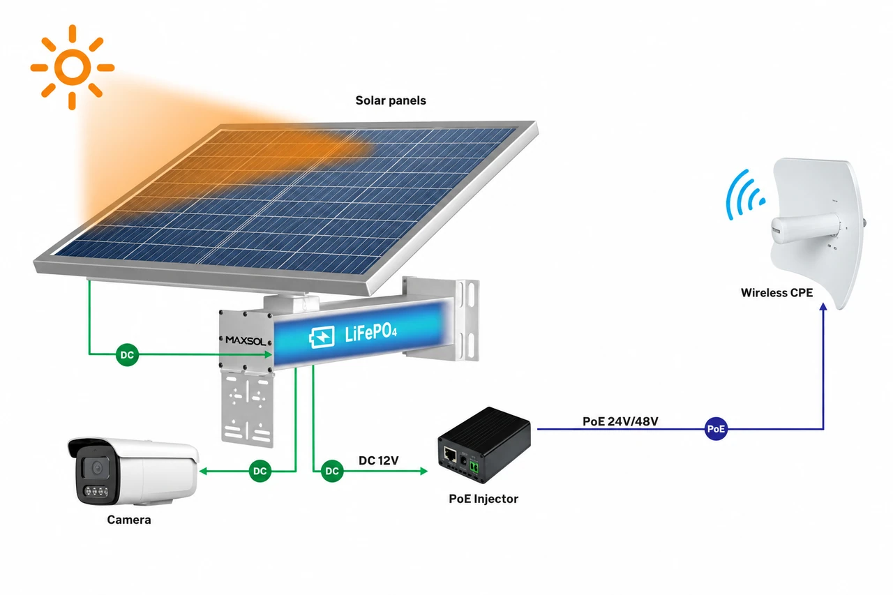 Arquitectura completa del sistema con alimentación solar, cámara, inyector PoE y CPE inalámbrico