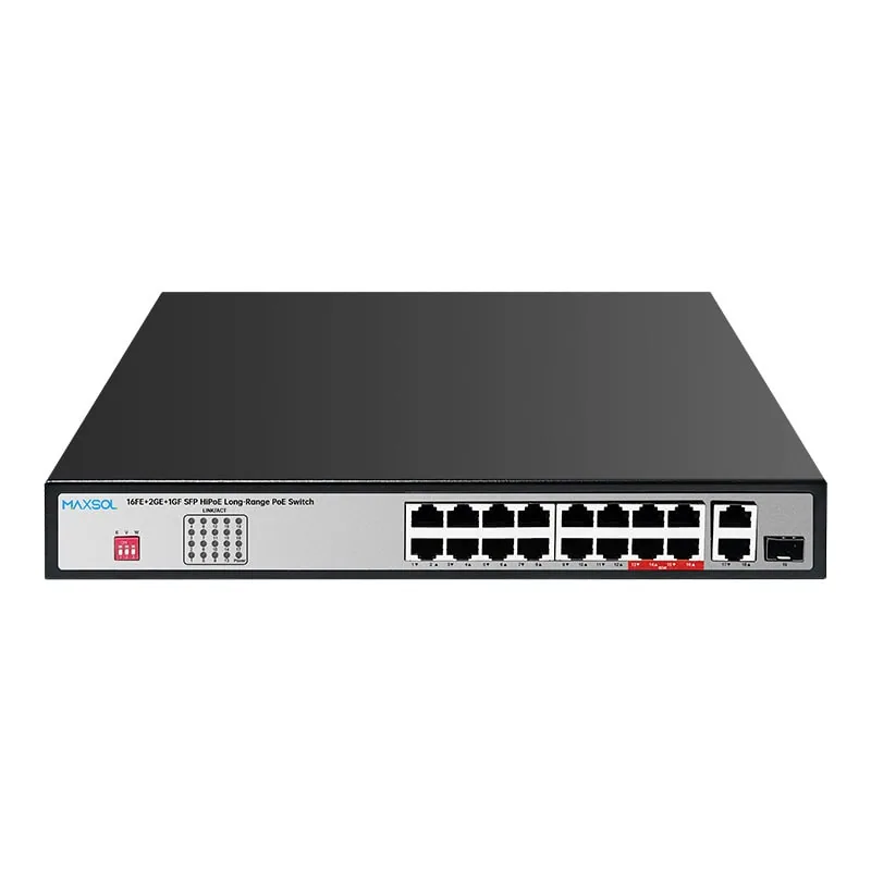 Switch PoE PS11602FE con 16 puertos Fast Ethernet PoE, enlaces Gigabit y un puerto SFP