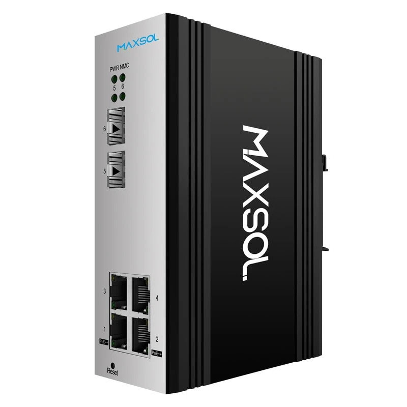Switch industrial Maxsol con cuatro puertos Gigabit PoE y dos puertos SFP