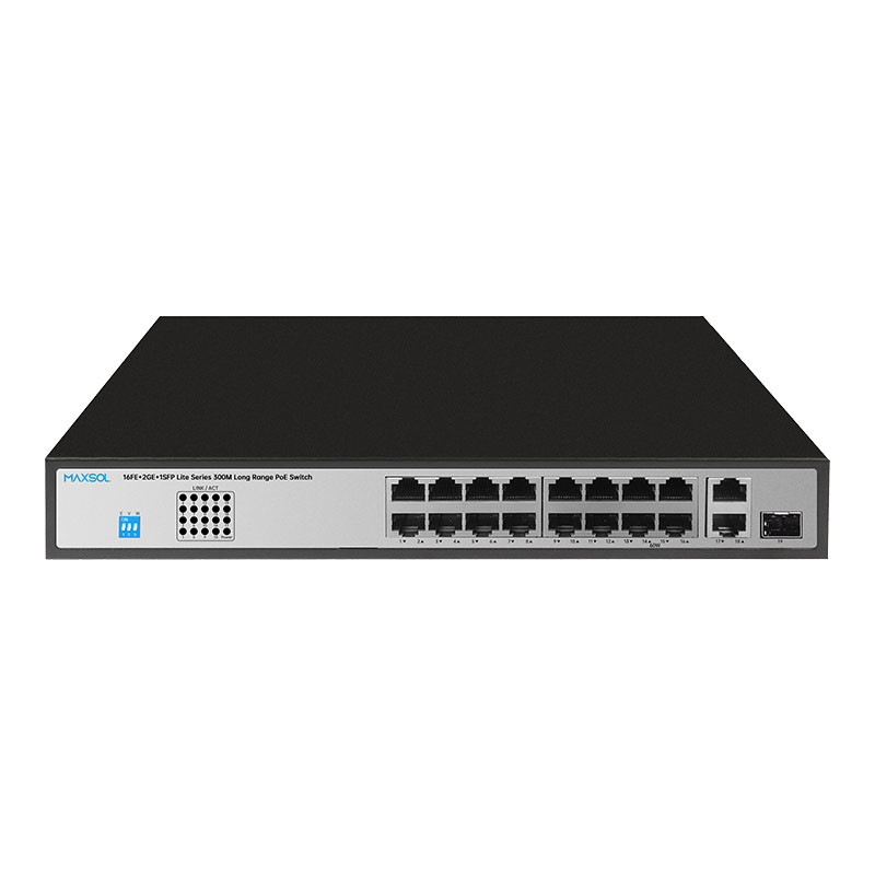 Switch PoE serie Lite 16FE+2GE+1GF con uplink, alcance de 300M y 200W