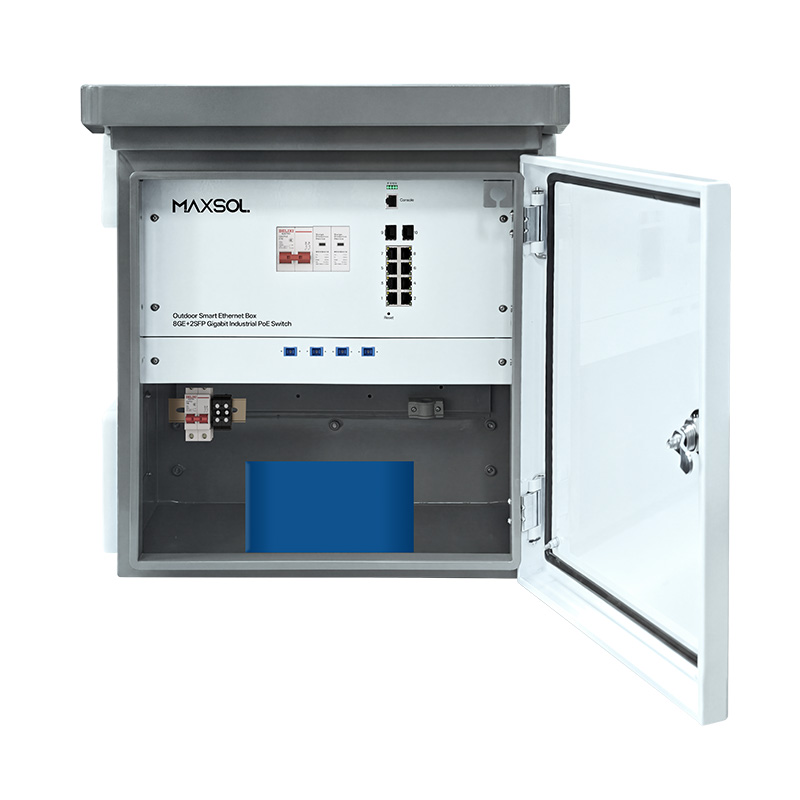 Caja industrial para exteriores con conmutador PoE 8GE+2GF gestionado y batería de 288Wh